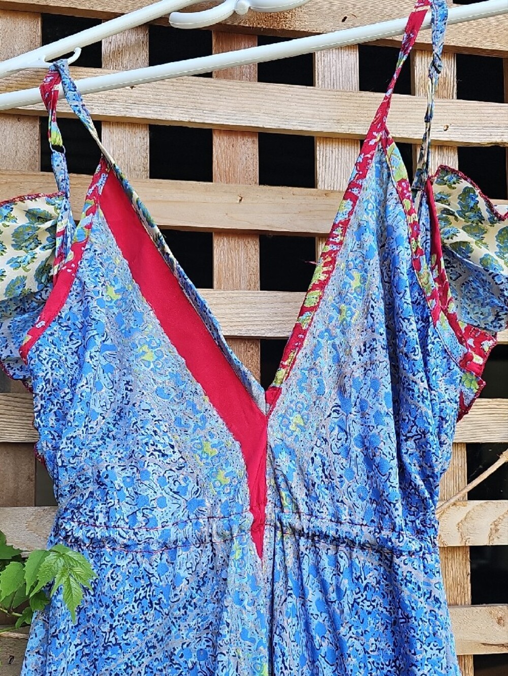 Bohemian Blue Floral SILK Maxi Dress with Red Accent - Picture 3 of 13
